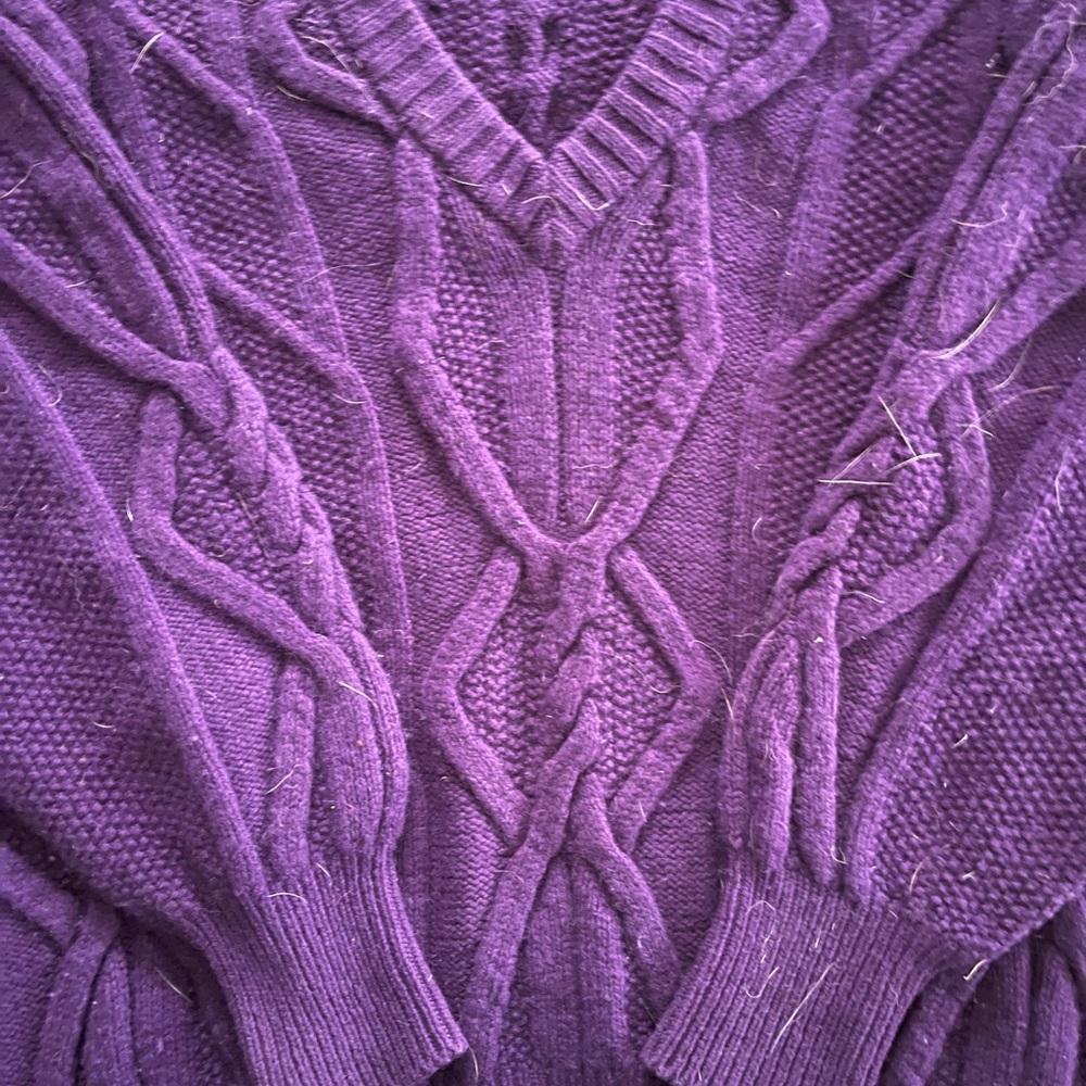 Vintage Debra King Heavy Scottish Cashmere Cable Knit V Neck Sweater Purple - Picture 3 of 5